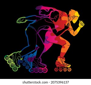 Group of Roller blade Players Action Extreme Sport Cartoon Graphic Vector