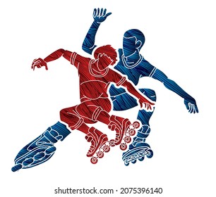 Group of Roller blade Players Action Extreme Sport Cartoon Graphic Vector