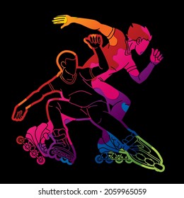 Group of Roller blade Players Extreme Sport Action Cartoon Graphic Vector