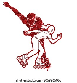 Group of Roller blade Players Extreme Sport Action Cartoon Graphic Vector