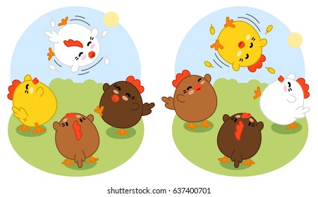 Group of roosters celebrate a friend (set of two vector illustrations)
