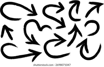 A group of rough hand-drawn black arrows with varied shapes and directions on a white background.