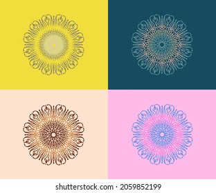 group of round gradient Mandalas, on colorful backgrounds, great for design materials, wedding invitations, wall decorations, fabric prints