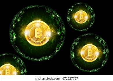 Group of round spheres with binary code and golden bit coin in the center. Business horizontal background