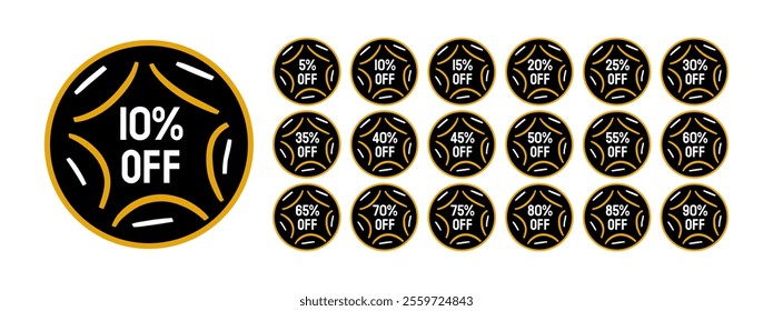Group of round stickers of different discount percentages in black color with white and orange scribbles. 5 to 90 percent discount.