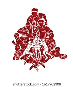 Group of Rugby players action cartoon graphic vector.