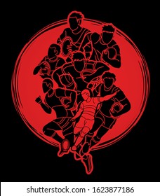 Group of Rugby players action cartoon sport graphic vector.