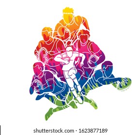 Group of Rugby players action cartoon sport graphic vector.