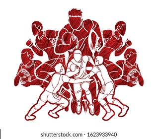 Group of Rugby players action cartoon sport graphic vector.