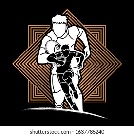 Group of Rugby players action cartoon sport graphic vector.