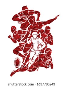 Group of Rugby players action cartoon sport graphic vector.