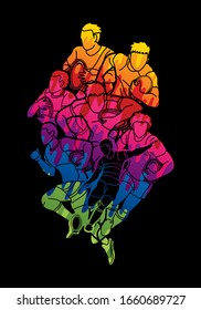 Group of Rugby players action cartoon sport graphic vector