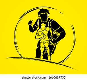 Group of Rugby players action cartoon sport graphic vector