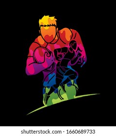 Group of Rugby players action cartoon sport graphic vector