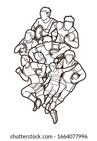 Group of Rugby players action cartoon sport graphic vector.