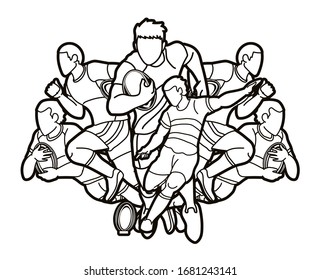 Group of Rugby players action cartoon sport graphic vector.