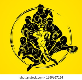 Group of Rugby players action cartoon sport graphic vector.