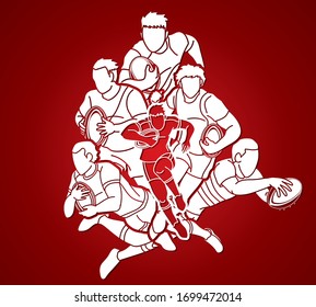 Group of Rugby players action cartoon sport graphic vector.