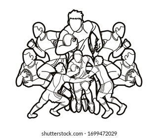 Group of Rugby players action cartoon sport graphic vector.