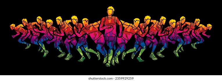 Group of Runner Action Start Running Men Run Together Cartoon Sport Graphic Vector