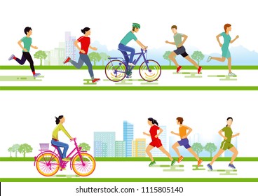 Group of runners and cyclists