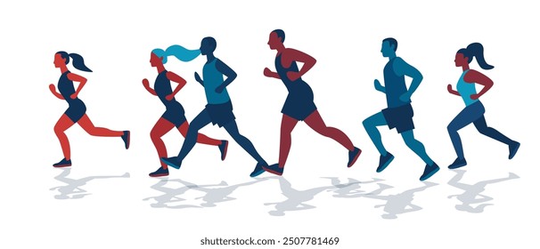 Group of runners exercising fitness community concept diverse people jogging in unison colorful silhouettes white background