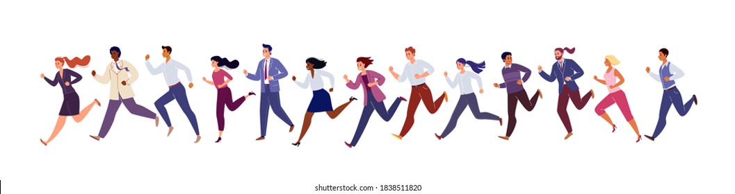 Group Runners Isolated On White Background. Lifestyle Of Business Busy People, Businessmen. Rivalry Between Man And Woman. Vector Stripe Cartoon Illustration.