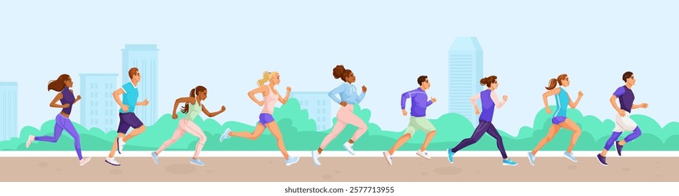 Group of runners jogging outdoors in urban setting. Vector illustration