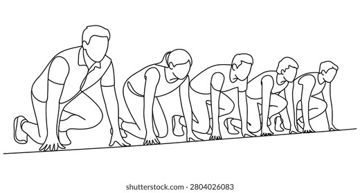 Group of runners in starting position ready for a race on the track line in a simple black and white line art style Vector, illustration