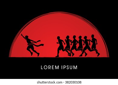 Group or runners, the winner designed on sunset background graphic vector.