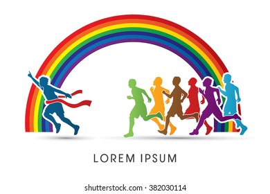 Group or runners, the winner designed on rainbows background graphic vector.