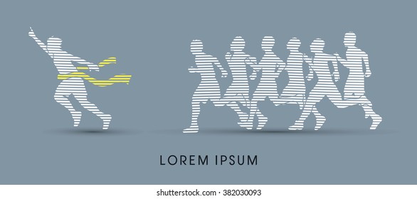 Group or runners,  the winner designed using line wave graphic vector.
