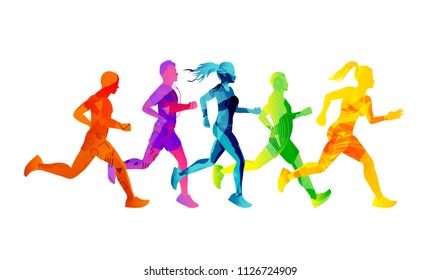 A group of running men and women competing and staying fit. Colourful texture people silhouettes. Vector illustration.