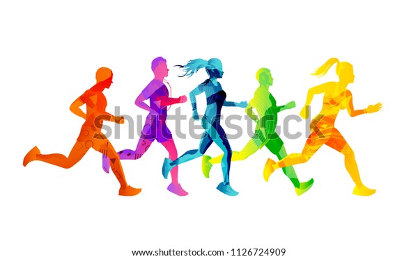 走る男性と女性のグループが 体調を競い合い 体調を保つ カラフルなテクスチャーの人がシルエットになります ベクターイラスト のベクター画像素材 ロイヤリティフリー