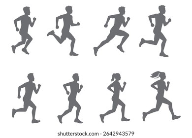 Group of running men and women side view of vector runner silhouette .  Running , jogging  .