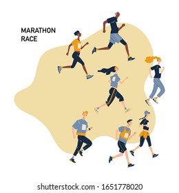 Group of running men and women in sportswear at marathon race.  Marathon race, 5k run, sprint. Flat cartoon vector illustration on white background. Creative landing page design template, web banner.