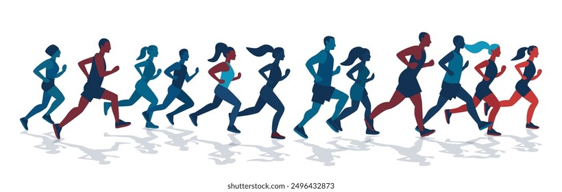 Group of running people diverse community athletic activity dynamic silhouettes in various poses colorful abstract design isolated white background