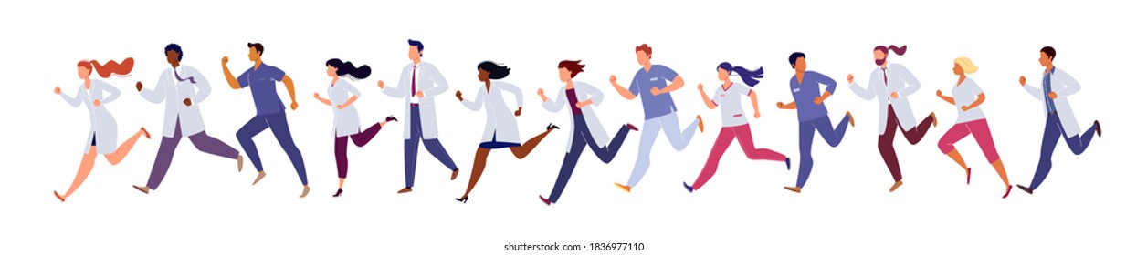 Group of running people in medical gowns on an isolated white background. The lifestyle of a doctor in a hurry to save lives. Flat vector cartoon illusion.