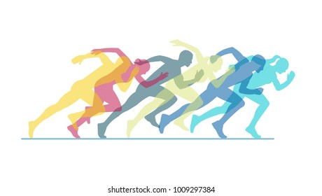 Group of running people on a white background.