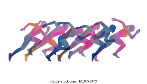 Group of running people from the polygons in the style of glitch