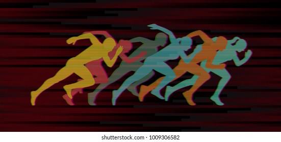 Group of running people in the style of glitch art.