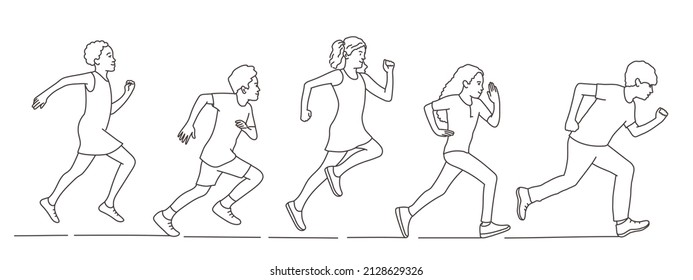 Group running teenagers. Hand drawn vector illustration. Black and white.