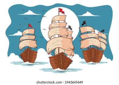 Group of sailboats in the ocean with a seagull background vector