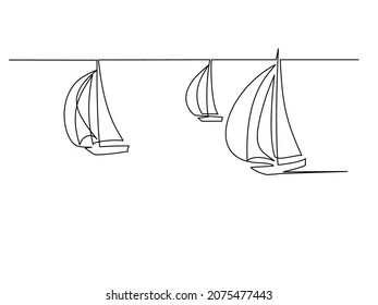 Group of sailboats under full sail traveling at sea. Sailing logo. Continuous one line drawing. Vector illustration