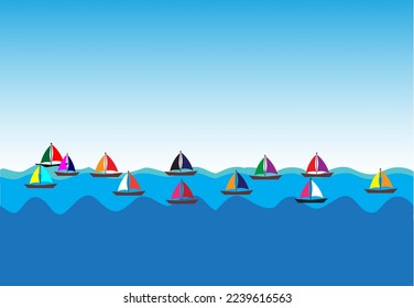 a group of sailing ships in the ocean vector icon, blue sky background.