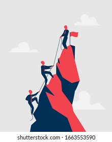 Group of salesmen trying to reach the mountain peak with rope, helping each other - vector illustration