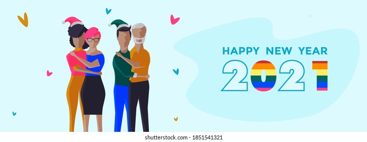 grupo de parejas del mismo sexo abrazaron y juntos celebraron las fiestas, junto a ellas un texto que dice feliz año nuevo 2021. feliz concepto de año nuevo.