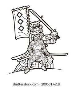 Group of Samurai Japanese Warrior Ronin with Weapons Action Cartoon Graphic Vector