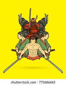 Group of Samurai, Ready to fight action cartoon graphic vector