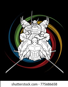 Group of Samurai, Ready to fight action cartoon designed on spin wheel graphic vector
